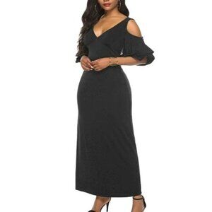 Women's Sultry V-Neck Flounce Sleeves Cold Shoulder Elegant Sexy Maxi Dress